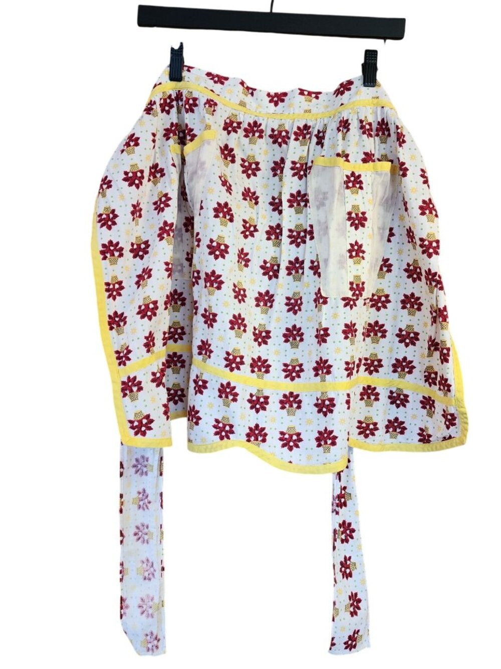 Vintage Handmade Half Apron red flowers Yellow trim Pockets